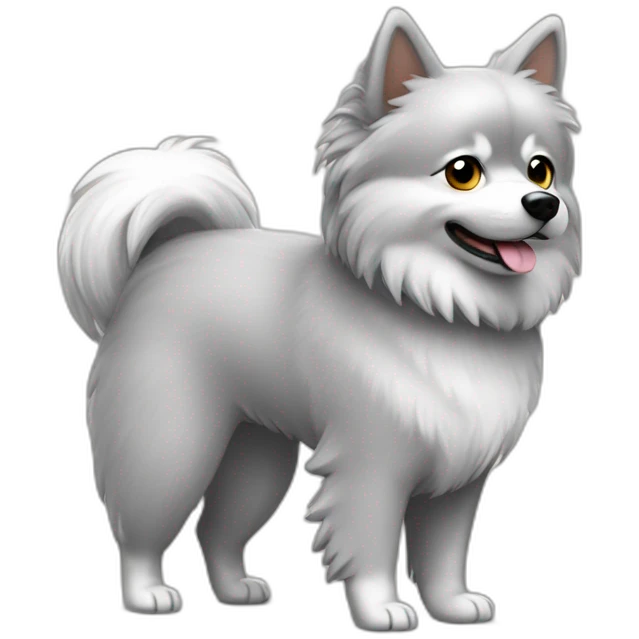 Gray small spitz walking in overall emoji
