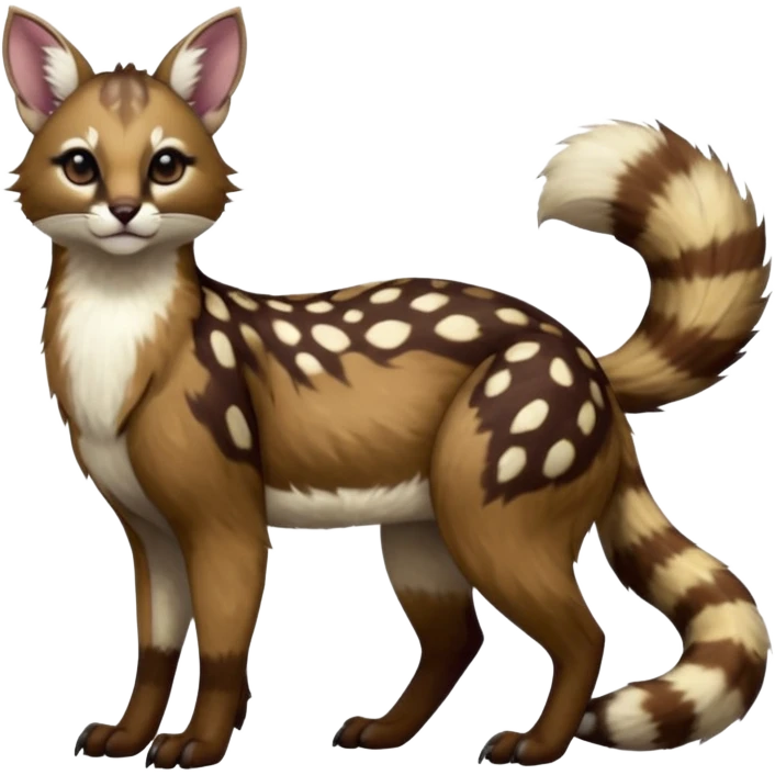 Colorful dark realistic chocolate-brown tropical beige fur glorious divine exotic cute cool beautiful shiny beautiful fantasy-Furret-Eevee-caracal-civet-genet-sergal-vernid-Cacomistle-oncilla-animal-Fakémon-hybrid-fursona with white deer-spots pattern markings (full body) emoji