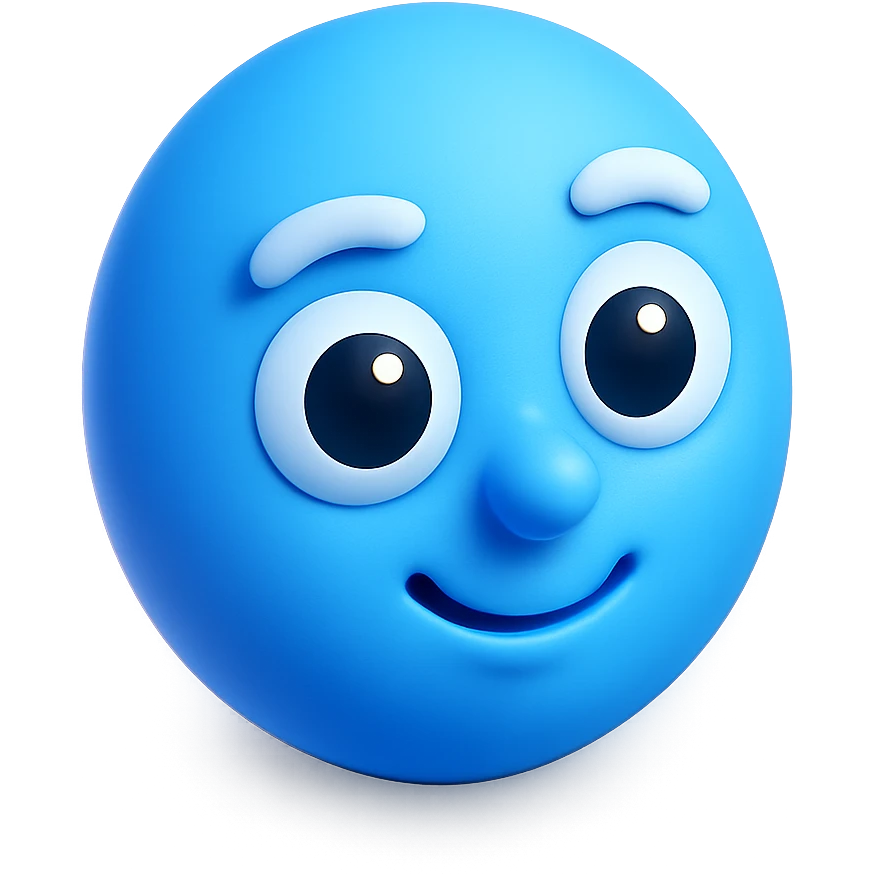 perfect face in blue color, cartoon style, big eyes, friendly expression emoji
