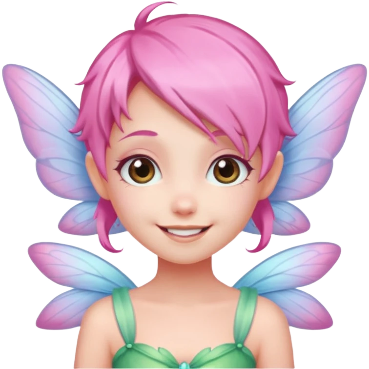 A tiny pastel fairy with pink  hair with glowing wings and a sweet smile  emoji