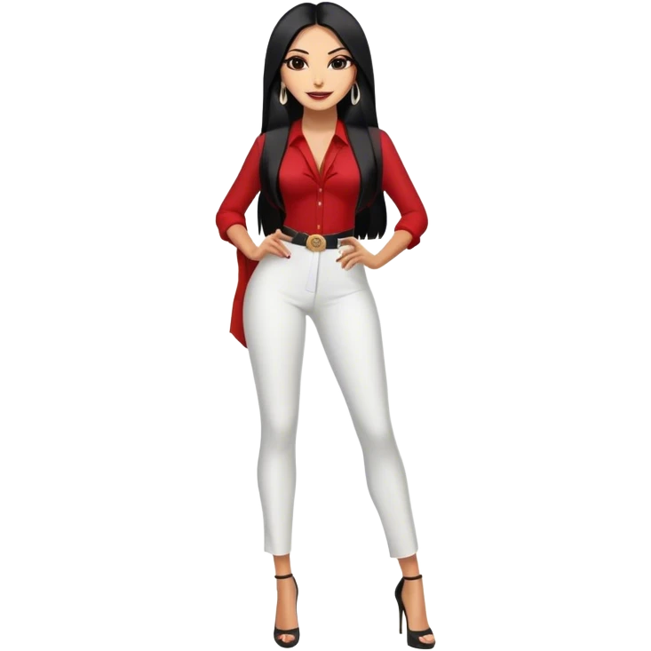beautiful woman boss, with long straight black hair, with make up, black eye liner, smile, mexican, brown skin, wearing beautiful sexy outfit and white earings, she stand up, full body emoji