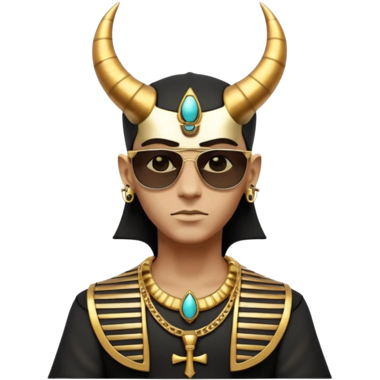 3D cartoon horned character portrait, wearing sunglasses, gothic ancient Egyptian style, pharaoh collar, dark gold and black outfit, ankh symbols, Egyptian jewelry, mysterious expression, soft dramatic lighting, centered, clean background, no text, no watermark emoji