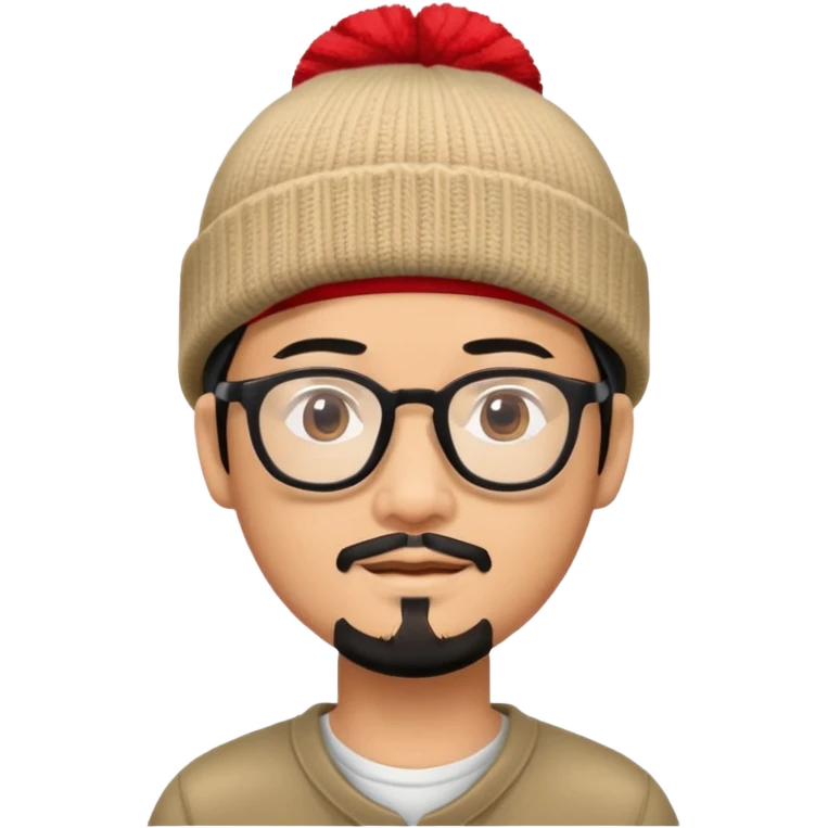 Asian man with black goatee, glasses, wearing a small red beanie emoji