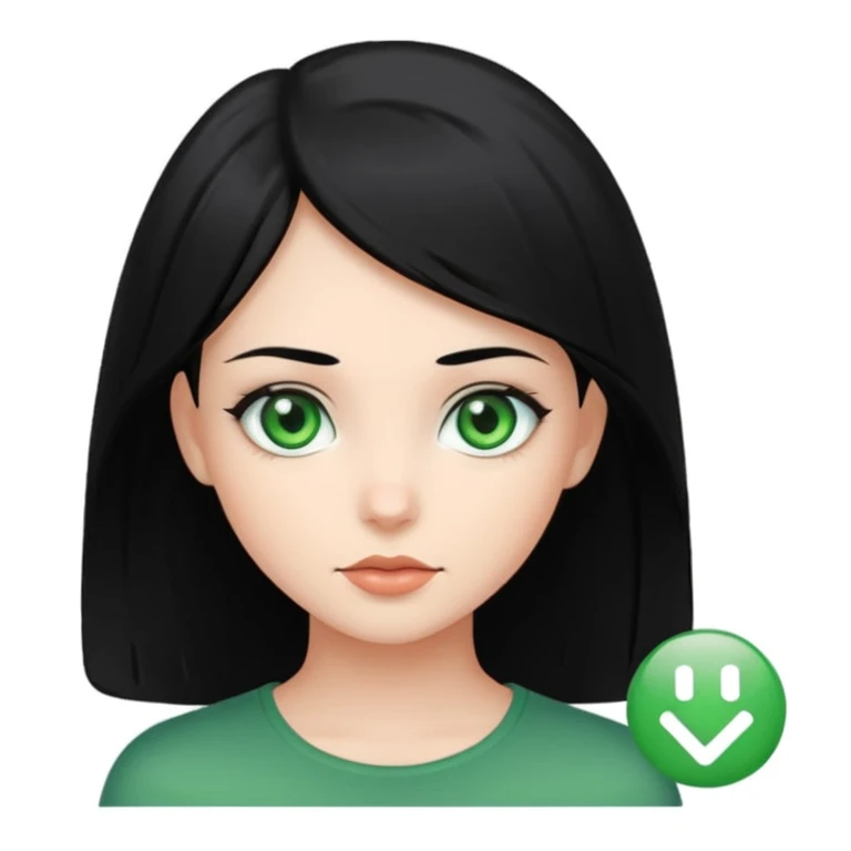 girl with black hair and green eyes, iOS app icon style, subtle shadows, glossy finish, white background emoji