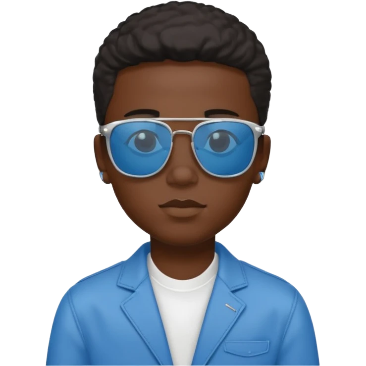 Un garçon noir avec des lunettes de soleil un peu bleu avec un cadran plutôt carré et SANS QU’ON VOIT SES YEUX. Et au dessus de sa tête il y a écrit BOUSs on dois pas voir ses yeux emoji