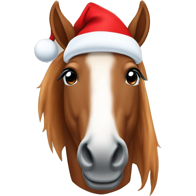 Chestnut horse with white blaze wearing a santa hat emoji