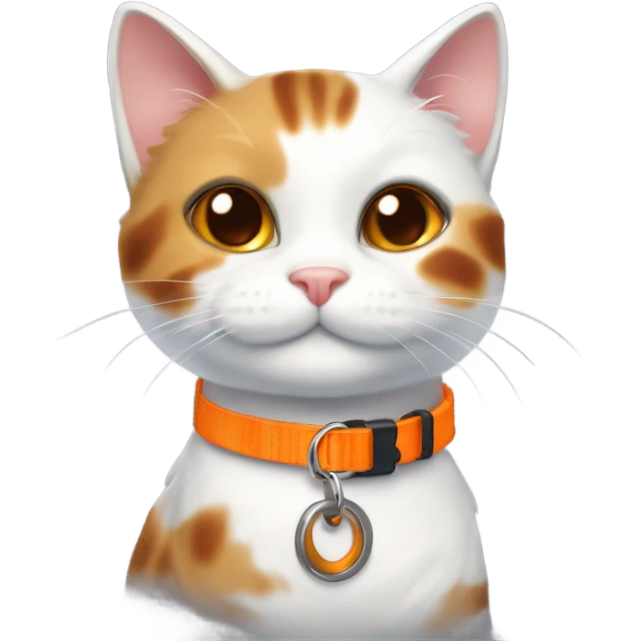 happy cute tortoiseshell white cat with orange cat collar full body from half side perspective  emoji