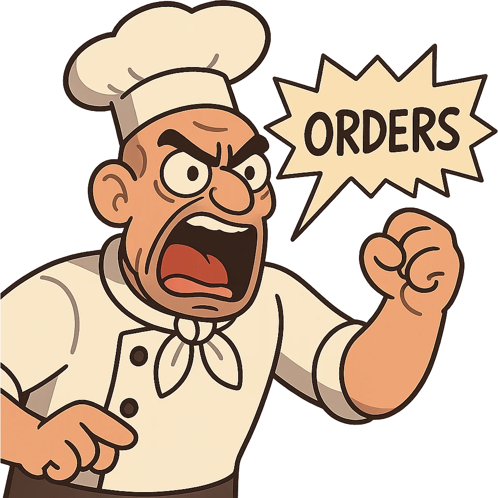 a chef shouting orders, intense eyes, drill sergeant style, 2D cartoon style emoji