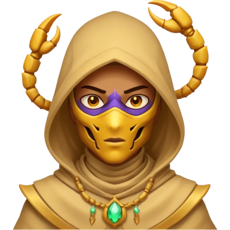 desert sand mage portrait, head and shoulders only, scorpion-themed hood, golden desert jewelry, swirling sand aura, glowing eyes, fantasy vibe, 3D cartoon, mobile game icon style, clean background, no text, no watermark
 emoji