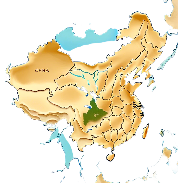 Cinematic-realistic outline of china, featuring its distinct landmass with accurately defined coastlines. The deep blue ocean surrounds the golden-brown continent, with subtle topographic shading to highlight its terrain. A soft glowing effect enhances the edges, making the shape stand out against a neutral, textured background. emoji