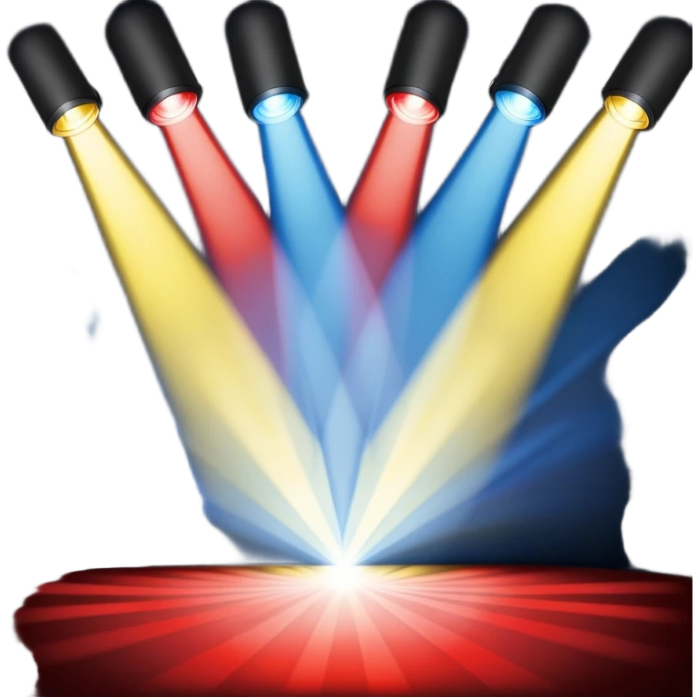 An emoji of stage lights shining brightly. Multiple spotlights in different colors (blue, yellow, red) angled towards a stage, creating a dramatic and concert-like atmosphere. Beams of light cutting through the darkness with a slight glow effect emoji