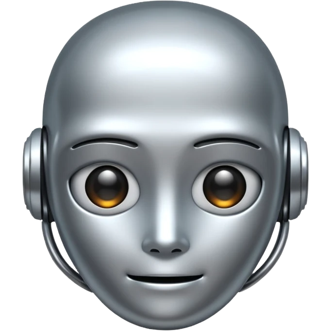 A cute futuristic robot emoji made of silver chrome, rounded friendly body, minimal facial features, glossy metallic surface, soft reflections, iOS emoji style, centered, clean white background emoji