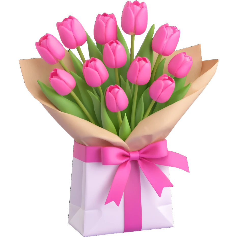 pink tulips bouquet in a crisp white paper bag, tied with a pastel pink ribbon, soft pastel palette, subtle shadows, minimal and clean, 3D iOS emoji style emoji