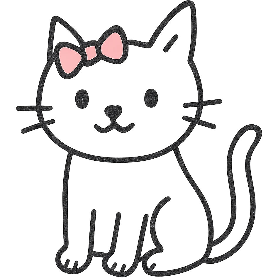 Make the cat white with a pink ribbon on her head, no background, keep the hand drawn black outline style. emoji