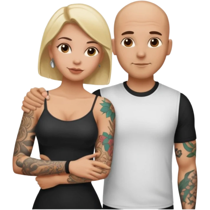 throuple tattooed sleeves bbald male with topless naked big boobed brunette and topless naked big boobed blonde girlfriends  lovingl  and sexy polygamy  emoji
