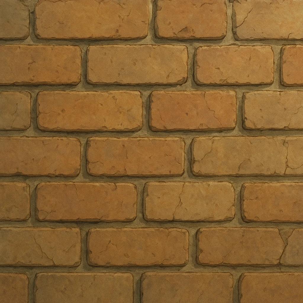 close-up of a brick wall in ghibli style, bricks with subtle color variation, soft lighting, visible mortar, rough texture, slight weathering, cracks emoji