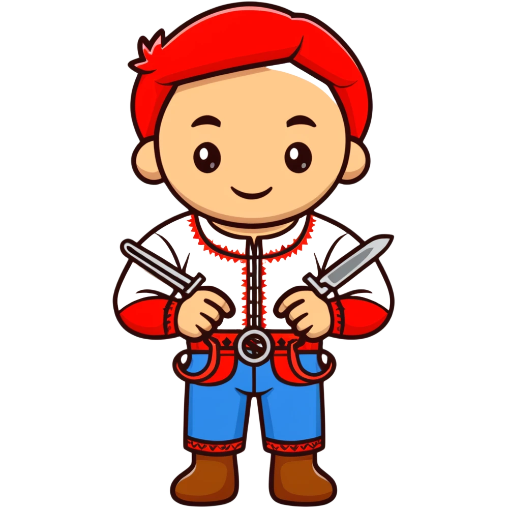 Ukrainian craftsman wearing traditional embroidered vyshyvanka shirt holding a spanner wrench and red scissors emoji