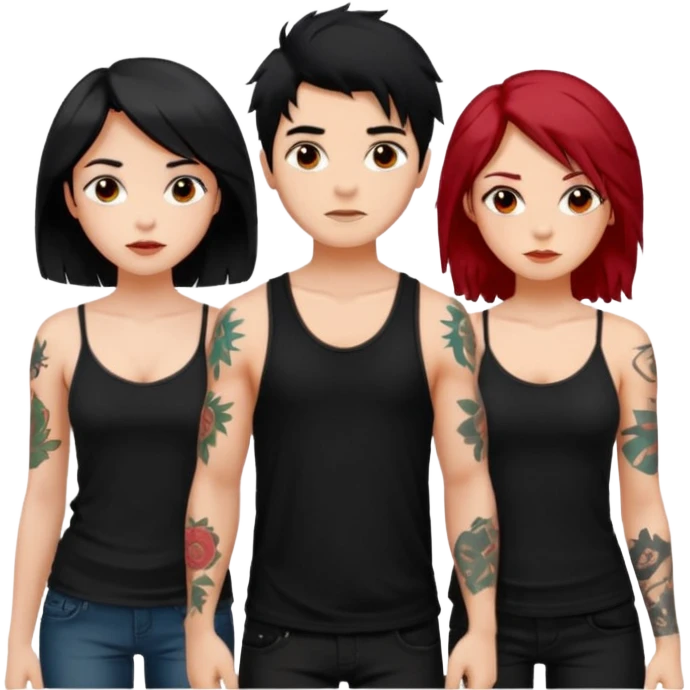 generate a fair boy with messy black hair, tattoos. standing beside a fair black haired girl wearing a black cami top and a tan girl with red hair emoji