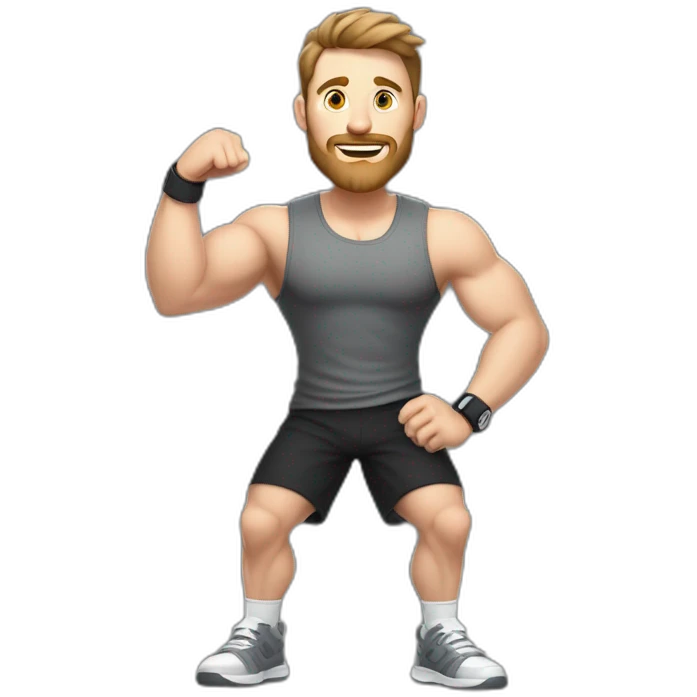 Full height Actively gesturing with hands Pale skinned Fit Man With the biceps and brown hair in dark gray Sleeveless Mike, black oversize sports shorts, watch and white Sneakers emoji