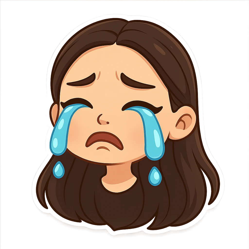 Create a chibi sticker of the girl from the reference image with long hair as shown. She is crying, in 3D bitmoji chibi style with a white outline and transparent background. emoji