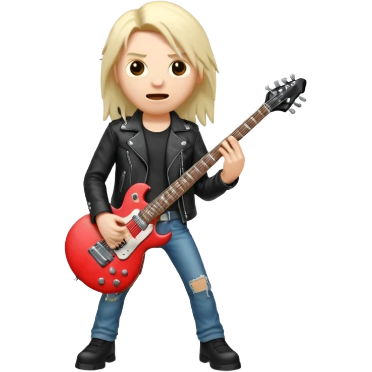 3D Apple-style emoji of a metal musician holding an electric guitar with a bold "ROCK" sign above. Long hair, black leather jacket, ripped jeans, intense expression. Rounded, glossy, smooth, soft shadows, white background.











 emoji