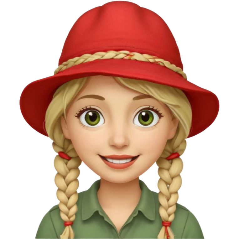 messy green clay mask and red tourist hat blond braided woman big eyes smiling emoji
