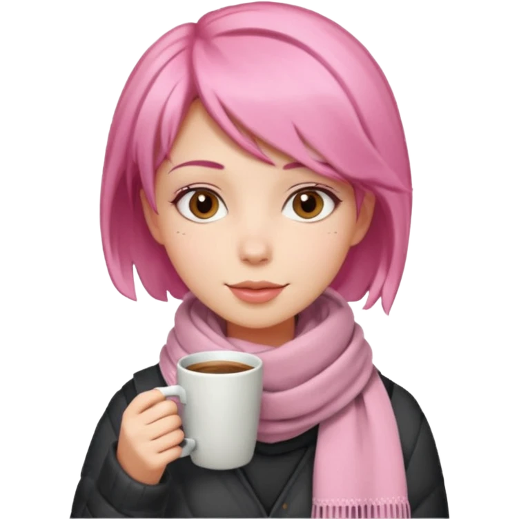 a girl with pink short layer hair, having scarf,  drink coffee, enjoy emoji