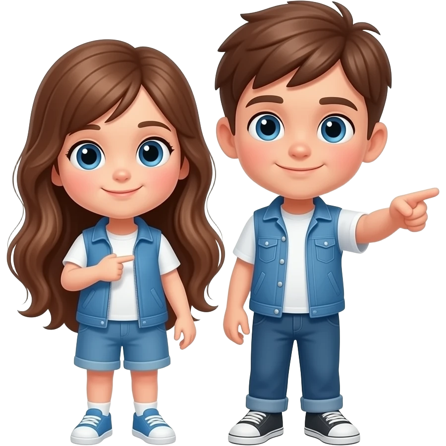 una niña i un niño señalando a un sitio detras de ellos son hermanos con ojos azules la niña tiene el pelo marron avellana i largo tiene la ropa con un peto azul i la camiseta es blanca el cuerpo completo emoji