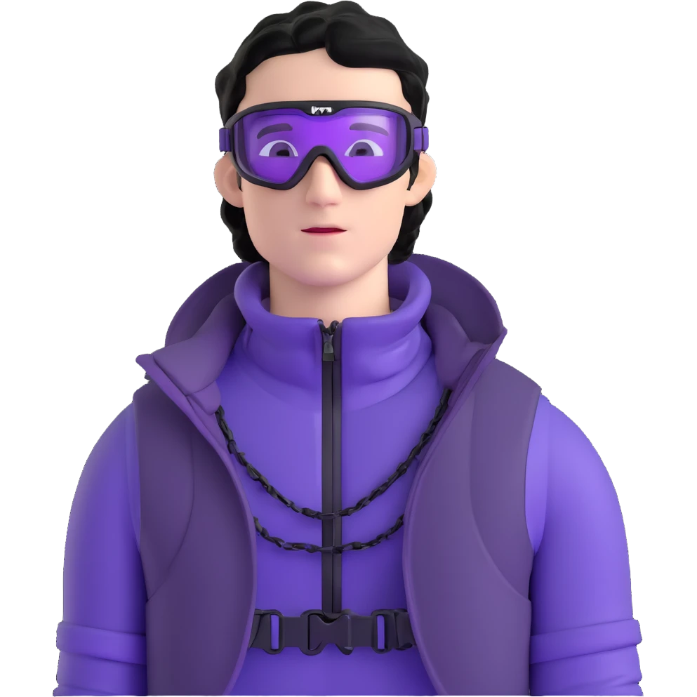 male athlete with white skin and moderately curly black hair on top with shaved sides, wearing ski goggles with purple frames and very dark black lenses, a simple plain black chain necklace, and an open shiny purple vest showing his chest and abs, no earrings emoji