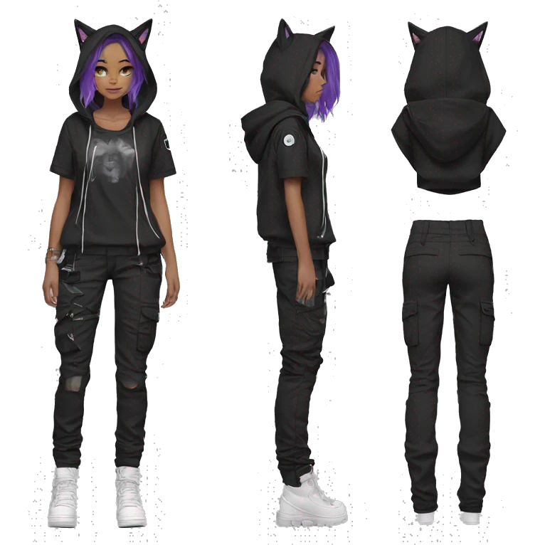 Edgy anthro beautiful pretty anime punk tomboy with cat ears techwear cargo pants hoodie emoji