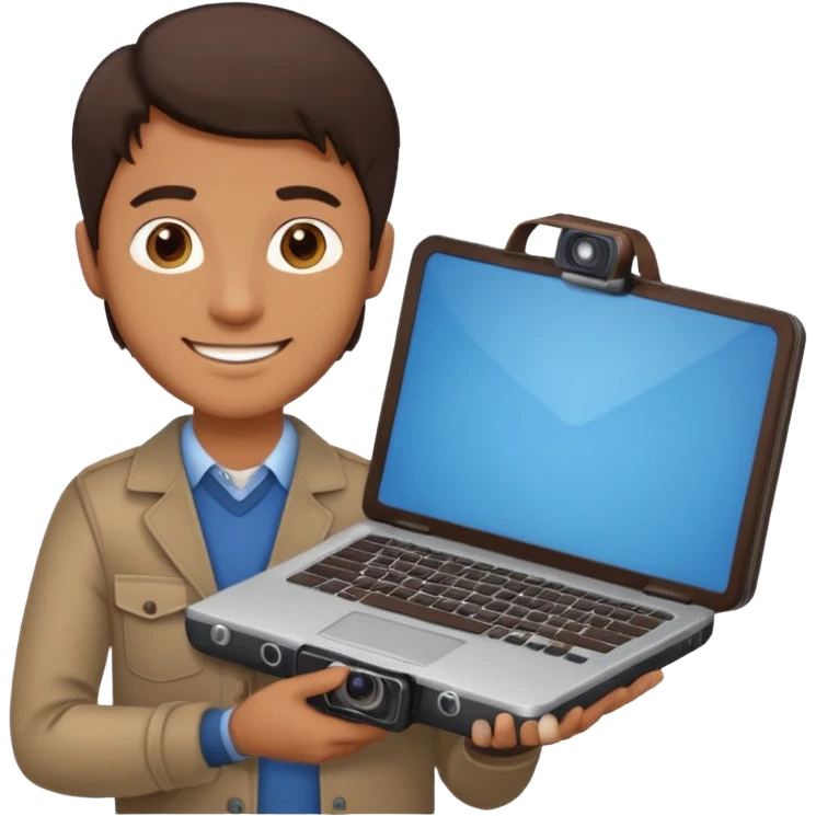 man's head with dark brown hair, holding a laptop and a camera, friendly professional smile emoji