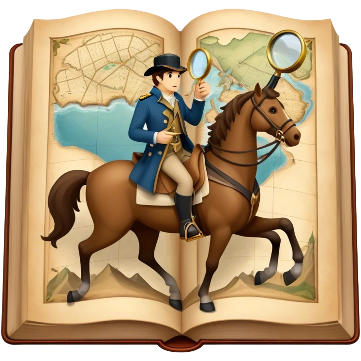 Collage for Reading Fiction: large open book with pages turning into with musketeers on horseback, Sherlock Holmes with a magnifying glass standing nearby, treasure island map. The icon should evoke the adventure and romance of exploring fictional worlds. Transparent background emoji