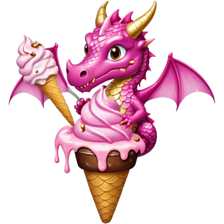 A dragon in pink tones with its wings, pink and golden legs, and shiny glitter, eats a vanilla and chocolate ice cream. emoji