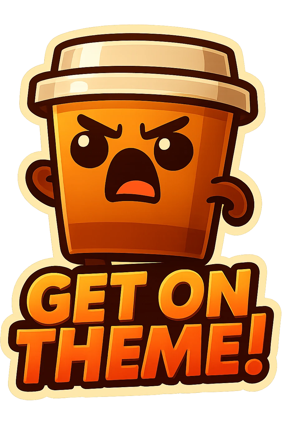 Tall coffee cup, eyebrow furrow, yelling "GET ON THEME!" emoji