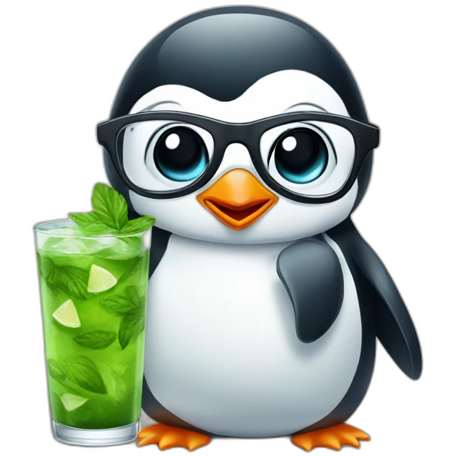 baby penguin with big glasses drinking mojito emoji