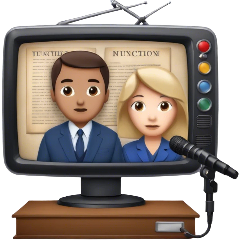 Icon for Documentary TV Show: A TV screen with a microphone, books, historical documents and scientific symbols. interview setup with a camera and a serious-looking news anchor or narrator. Transparent background. emoji