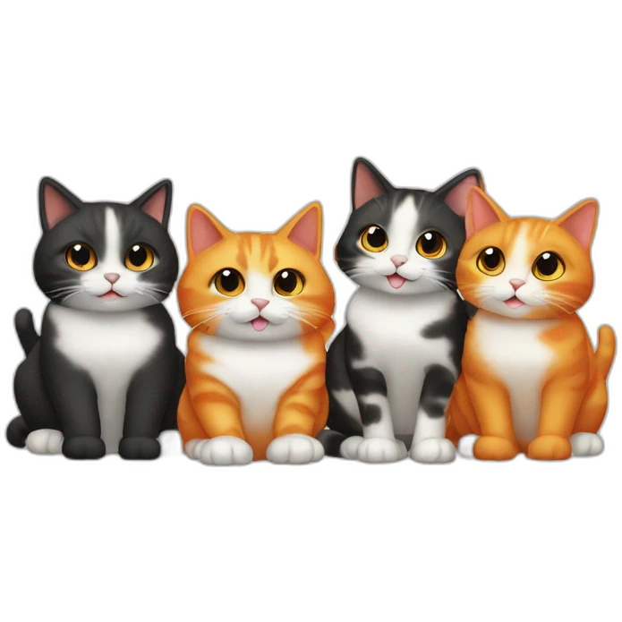 A group of cats, 3 are black, 1 is orange and white, 1 is orange, and 1 is tortoise colored emoji