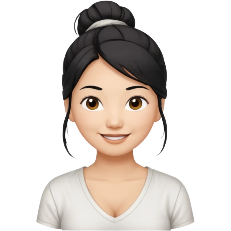 asian mom with long black hair tied in up in a messy bun and big brown eyes emoji in a white v neck shirt emoji