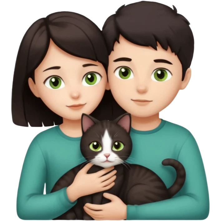Crea un emoji donde salga un chico de pelo moreno con los ojos claros, una chica de pelo morena con los ojos marrones y UN gato europeo comun de pelaje oscuro y ojos verde claro, quiero que se esten abrazando el chico y la chica, y el gato este en el medio emoji