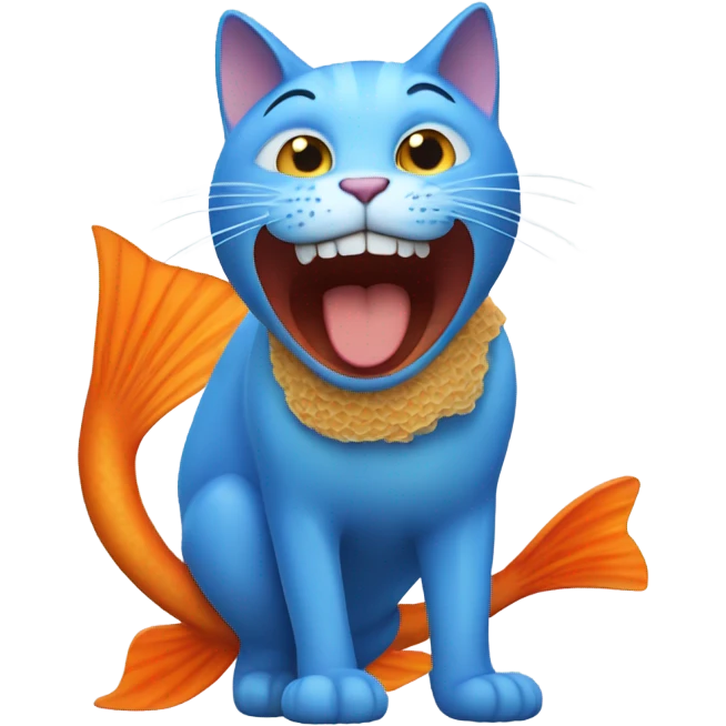 a blue cat smiling with an orange fish emoji