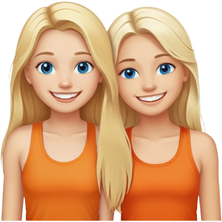 Two girls both have long blonde hair standing cheek to cheek on a beach with one girl wearing an orange shirt and the second girl wearing a tank top both have bright white teeth and smiling both have beautiful blue colored eyes emoji