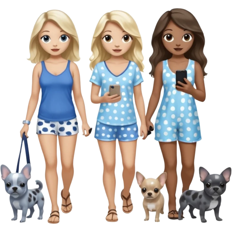 Three pretty women in beach clothes one walking a blue and gray spotted Merle Frenchie, one walking a black chihuahua puppy, one holding iPhone, hazel eyed light skin with dark blonde long hair and light light skin hazel eyed long wavy brown hair, blue eyed light skin long blonde hair  emoji