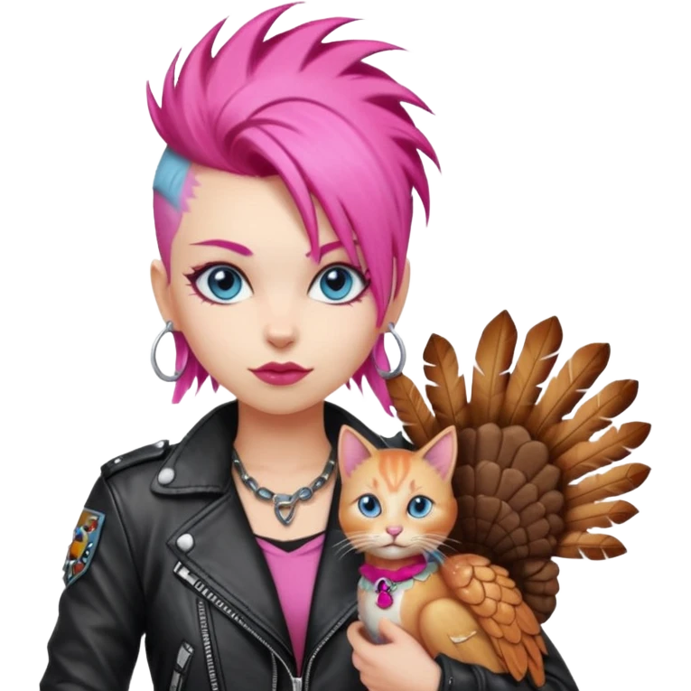 A blonde punk rocker woman with blue eyes with a thanksgiving turkey cat emoji