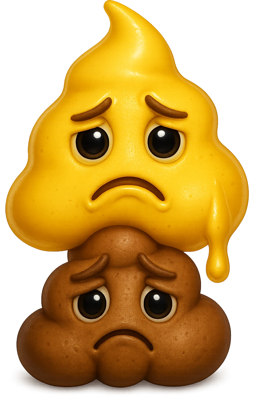 emoji stile iphone di una cacca giallina e liquida con espressione triste, sopra una montagnetta di feci a palline con espressione triste, iperrealistico 4k emoji