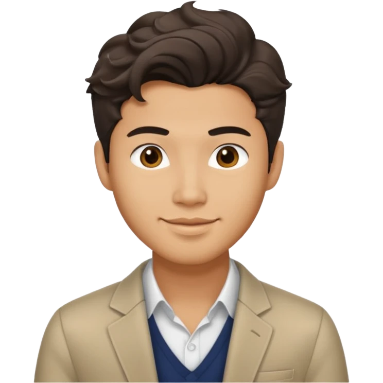 Asian guy wavy hair, dressed cool, demure but with a smirk, getting ready for first date  emoji