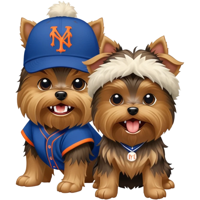 Yorkie with a NYY hat fighting an ugly dog with a New York Mets hat emoji
