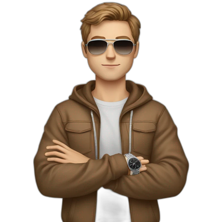 young white male with brown hair and brown eyes, wearing light brown Hoodie, having pilot sunglasses, while having crossed arms and having silver rolex on whrist emoji