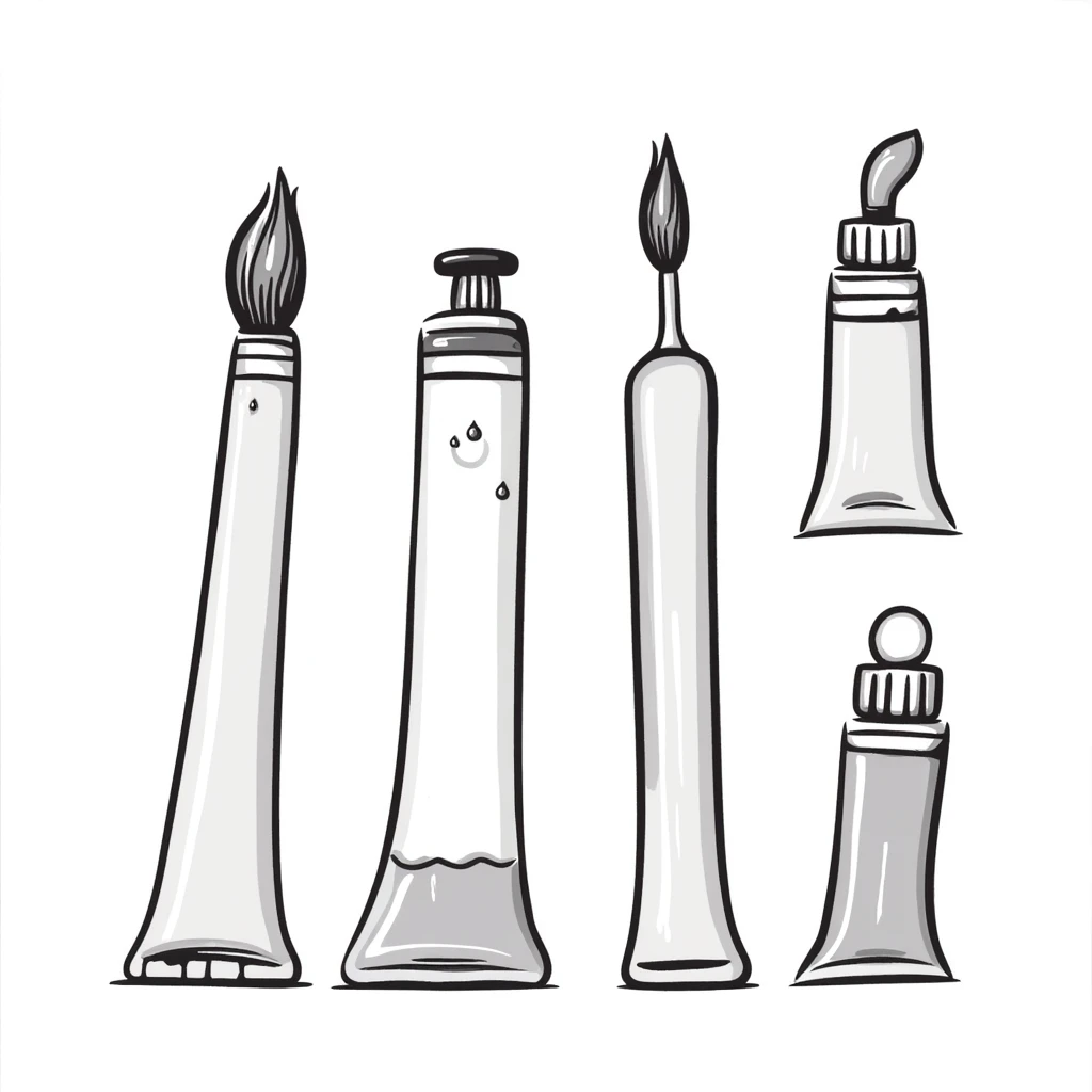 Set of artist's paint tubes with different sizes and caps. Some tubes are squeezed in the middle. Using specific pastel colors (dd9fb0, ffc6d3, a3bfc9, c4bee2, f1b091). Hand-drawn doodle style with intricate details. Transparent background. emoji