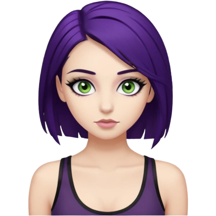 alternative girl with dark purple hair and big eyelashes, beautiful makeup and greenish grey eyes, straight eyebrows & wearing a low cut black tank top emoji