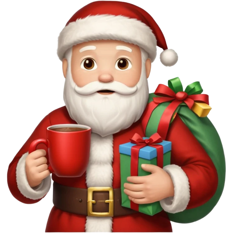 Санта клаус с мешком подарков за спиной и кружкой какао в руке emoji